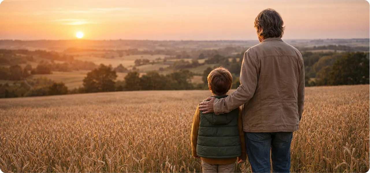 Un p&egrave;re et son fils dans un champ, admirant le coucher de soleil