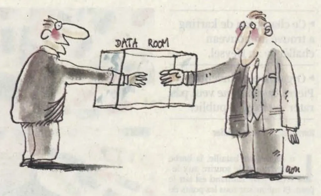 dessin humoristique montrant un homme d'affaires qui tend &agrave; un autre une bo&icirc;te transparente et vide &eacute;tiquet&eacute;e &laquo; DATA ROOM &raquo;.
