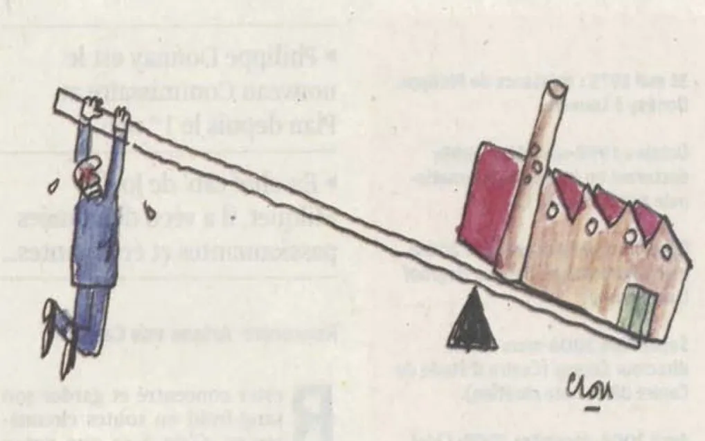 Ce dessin de Clou illustre le poids &eacute;crasant de l'industrie &agrave; travers un homme suspendu &agrave; une balan&ccedil;oire, incapable de faire contrepoids face &agrave; une usine.