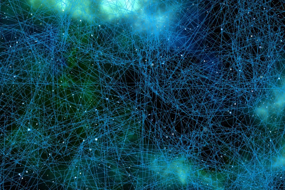 R&eacute;seau de lignes bleues lumineuses, &eacute;voquant des connexions num&eacute;riques.