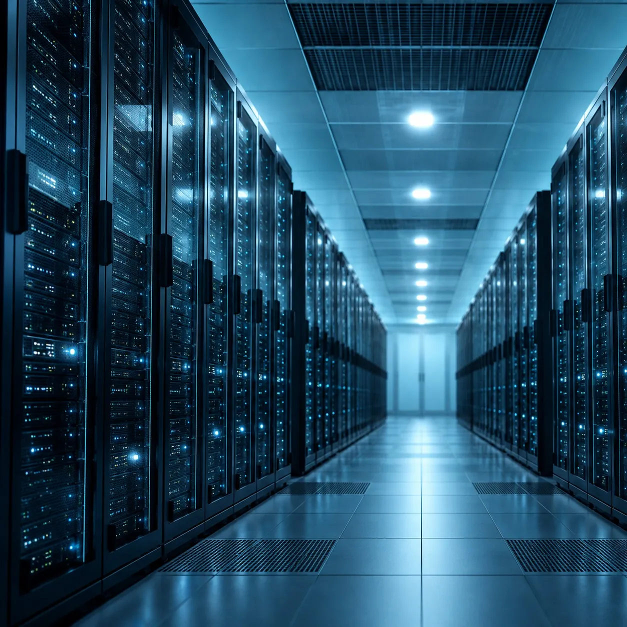 Vue int&eacute;rieure d&rsquo;un centre de donn&eacute;es moderne, avec plusieurs rang&eacute;es de serveurs informatiques &eacute;clair&eacute;s